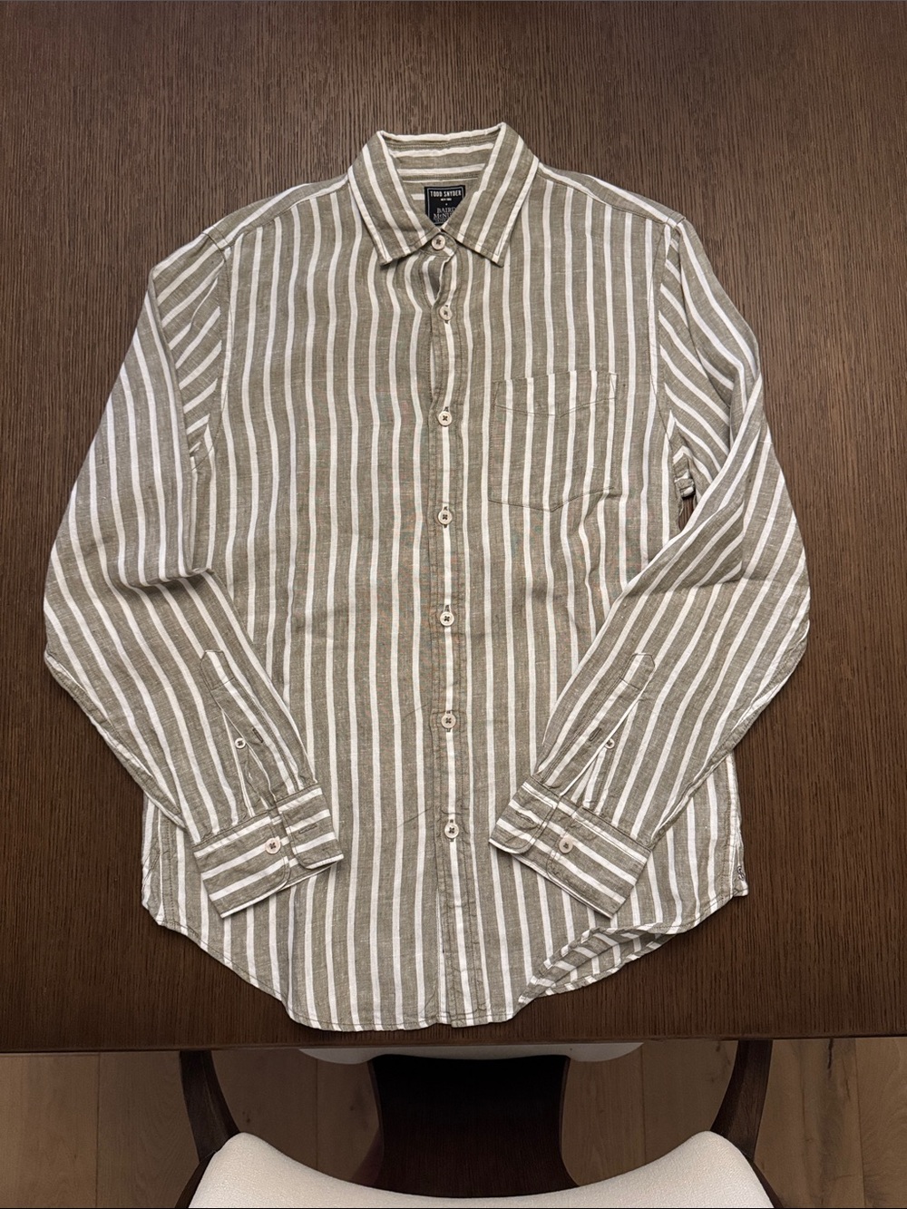 Todd Snyder Olive and White Striped Linen Button-Down Shirt (S)